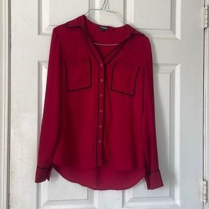 Express red black button up long sleeve v neck blouse shirt top XS front pockets